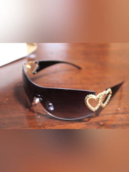 Accessories - Women's Black Shield Sunglasses with Gold Heart Accent
